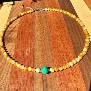 Golden Tiger Eye Green Malachite Stainless Steel Crystal Necklace Silver Yellow